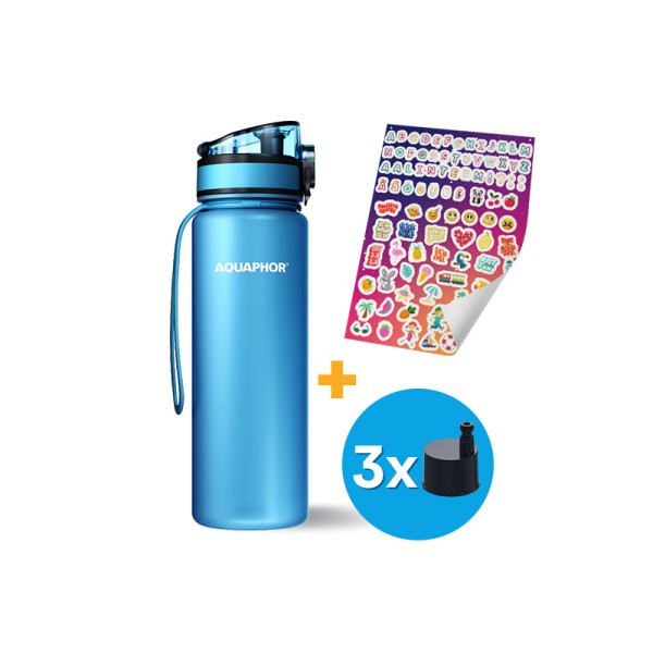 AQUAPHOR CITY Filterflasche inkl.  Aufkleber und 3 Filter, 12 Farben zu Auswahl, 500 ml.