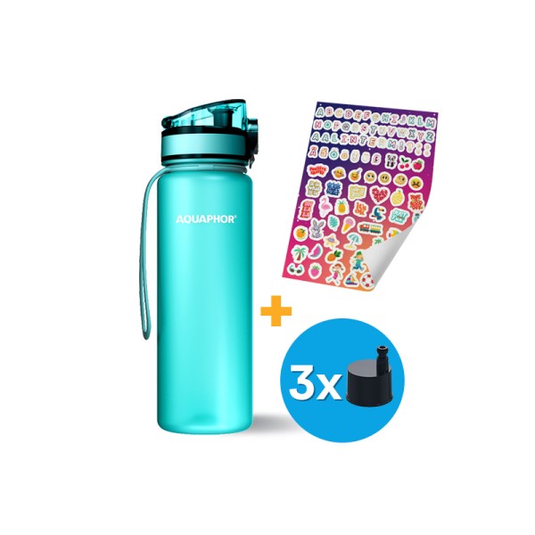 AQUAPHOR CITY Filterflasche inkl.  Aufkleber und 3 Filter, 12 Farben zu Auswahl, 500 ml.