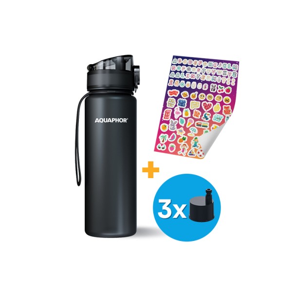 AQUAPHOR CITY Filterflasche inkl.  Aufkleber und 3 Filter, 12 Farben zu Auswahl, 500 ml.