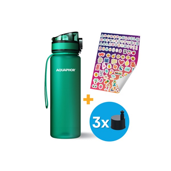 AQUAPHOR CITY Filterflasche inkl.  Aufkleber und 3 Filter, 12 Farben zu Auswahl, 500 ml.