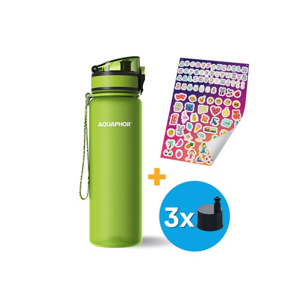 AQUAPHOR CITY Filterflasche inkl.  Aufkleber und 3 Filter, 12 Farben zu Auswahl, 500 ml.