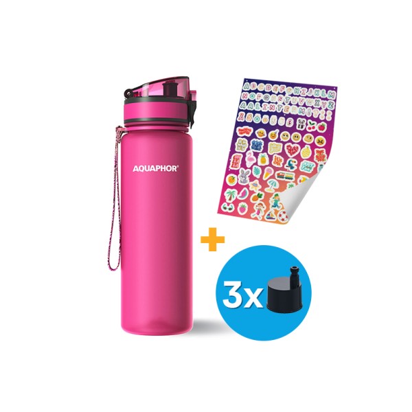 AQUAPHOR CITY Filterflasche inkl.  Aufkleber und 3 Filter, 12 Farben zu Auswahl, 500 ml.