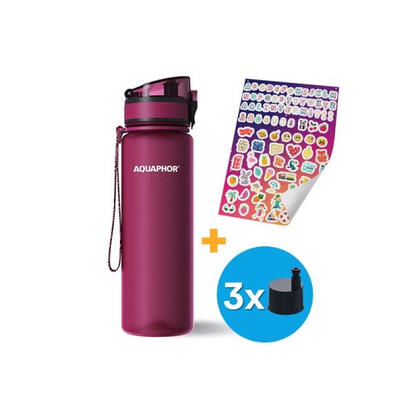 AQUAPHOR CITY Filterflasche inkl.  Aufkleber und 3 Filter, 12 Farben zu Auswahl, 500 ml.