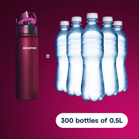 AQUAPHOR CITY Trinkflasche Filterflasche 0,5 L., rubin, inkl. 5 Filterpatronen