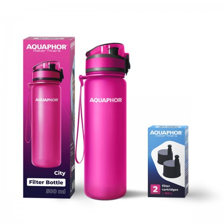 AQUAPHOR CITY Filterflasche 0,5 L. plus Pack 2 Filterkartuschen , pink